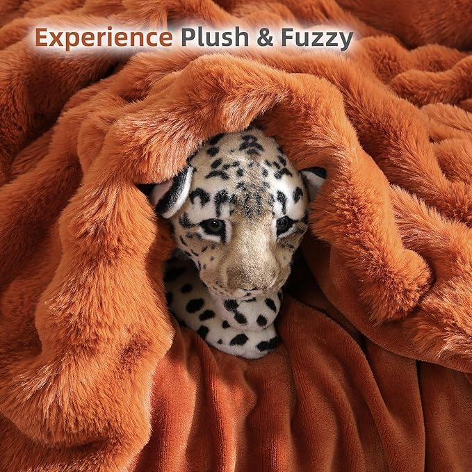 Smoofy Faux Fur Fall Throw Blanket for Couch – Burnt Orange Fluffy Cozy Rabbit Fleece, Plush Soft Bubble Blanket for Sofa & Bed, for Mom, Warm Fuzzy Home Room Decor Throw 50" x 60"