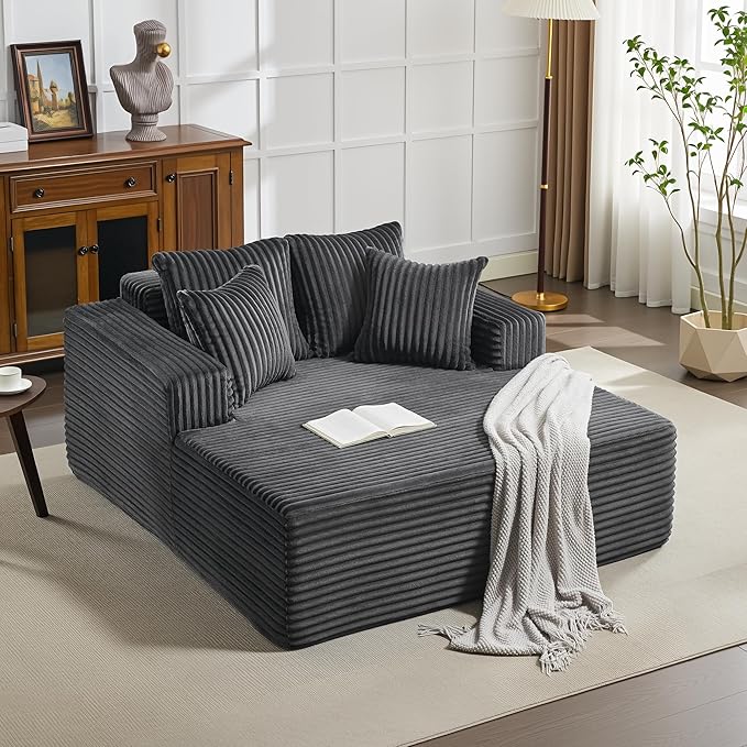 Oversized Chaise Lounge Chair Indoor, Boneless Couch Cloud Fluffy Chaise Lounges Corduroy Upholstered Sofa Bed w/Throw Pillows for Living Room Home Grey