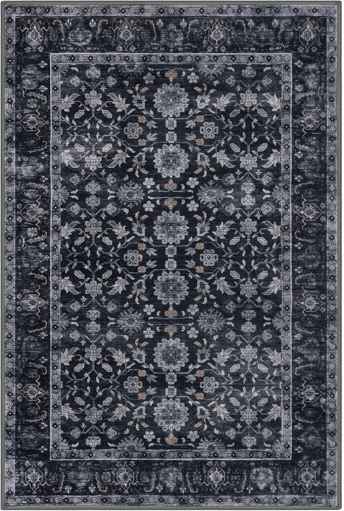 KUTA 3x5 Rugs for Entryway, Vintage Floral Area Rug Washable Non-Slip Black Grey Orange Ultra Thin Soft Printed Distressed Entry Low-Pile Throw Carpet for Bedroom Nursery Living Room