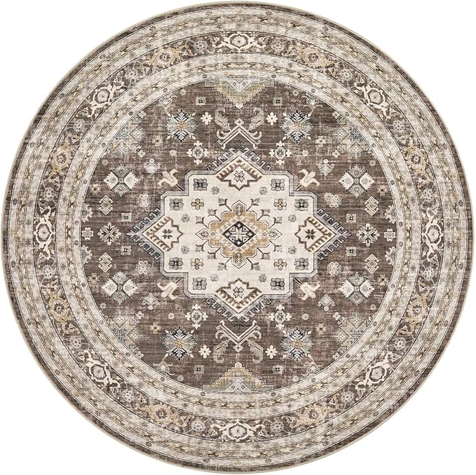 5ft Round Vintage Living Room Area Rug - 5x5 Large Soft Washable Oriental Traditional Distressed Farmhouse Rugs for Bedroom - Indoor Floor Accent Carpet for Home Office House Decor - Dark Brown