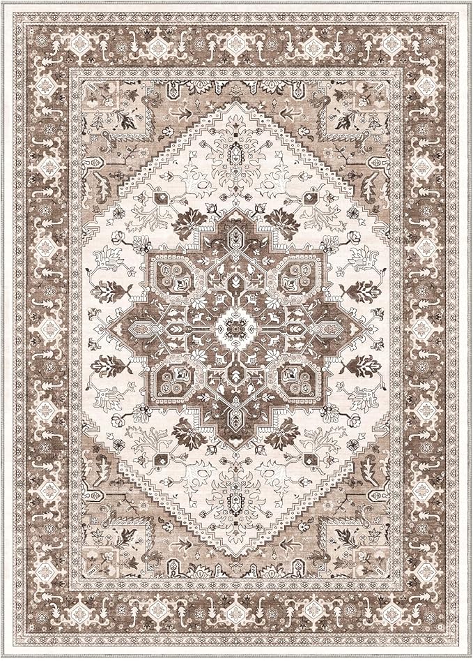 OPPODREAM Thin Area Rugs 5x7, 5x7 Washable Rug with Non Slip Backing, 5 x 7 Faux Cashmere Low-Pile Carpet, Khaki