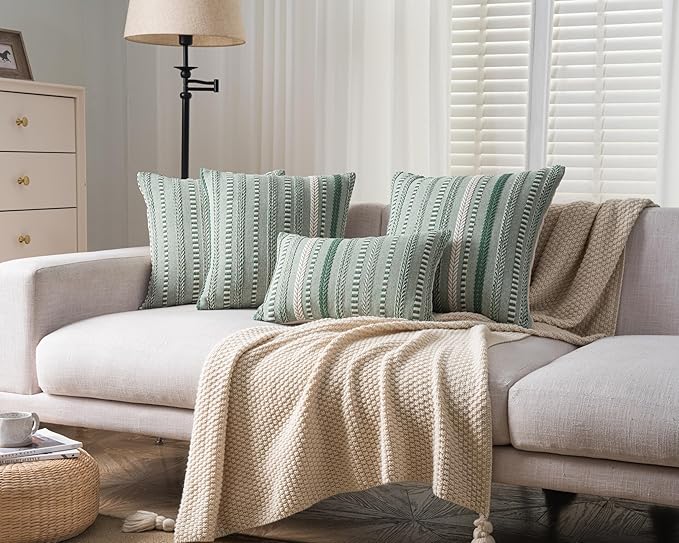 Boho Throw Pillow Covers 18x18 Inch Set of 2, Farmhouse Decorative Couch Pillow Cases, Light Green Accent Pillows of Bed, Sofa Bedroom Living Room Home Decor Cushion Cover
