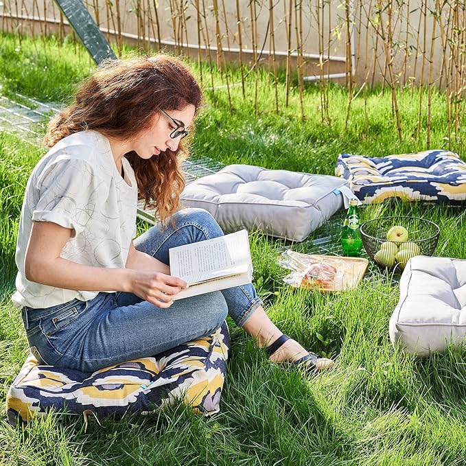 ARTPLAN Outdoor Seat Cushion,Square Thick Tufted Pure Chair Cushion for Patio Wicker Chair with Tie,Set of 2,19"x19"x5",Grey