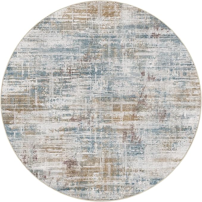 5ft Round Area Rug for Living Room: 5x5 Washable Neutral Abstract Modern Soft Rugs Non Slip Indoor Floor Stain Resistant Carpet for Bedroom Dining Room Office Nursery - Blue Brown