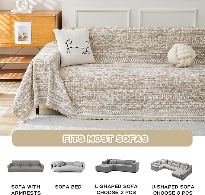 MEETSKY Boho Couch Cover Sofa Slipcover for Sectional Sofa Covers Protector Universal Use Chenille Blend Thick Fabric Washable, Modern Design Sofa Throw Cover for Living Room, 71" x 118", Khaki