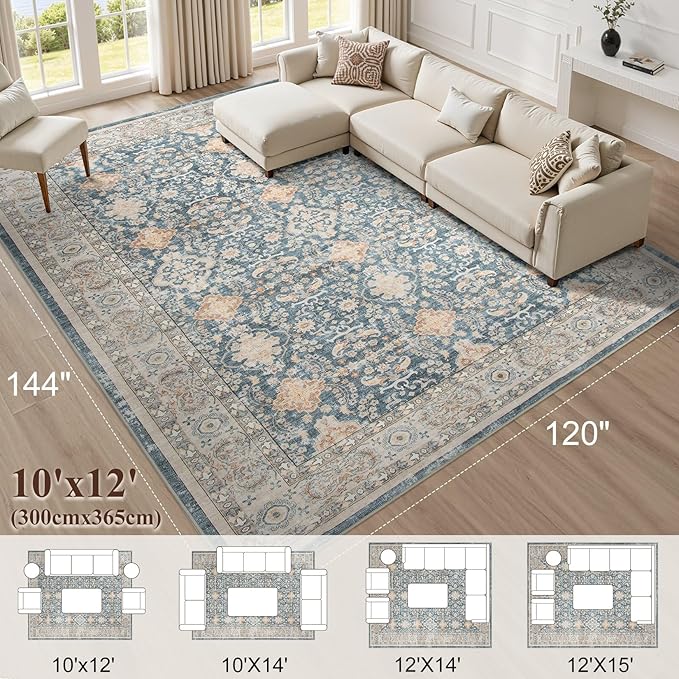 Vintage Living Room Area Rug 10x12 - Large Soft Washable Oriental Traditional Distressed Farmhouse Rugs for Bedroom - Indoor Floor Accent Carpet for Home Office House Decor - Dark Blue
