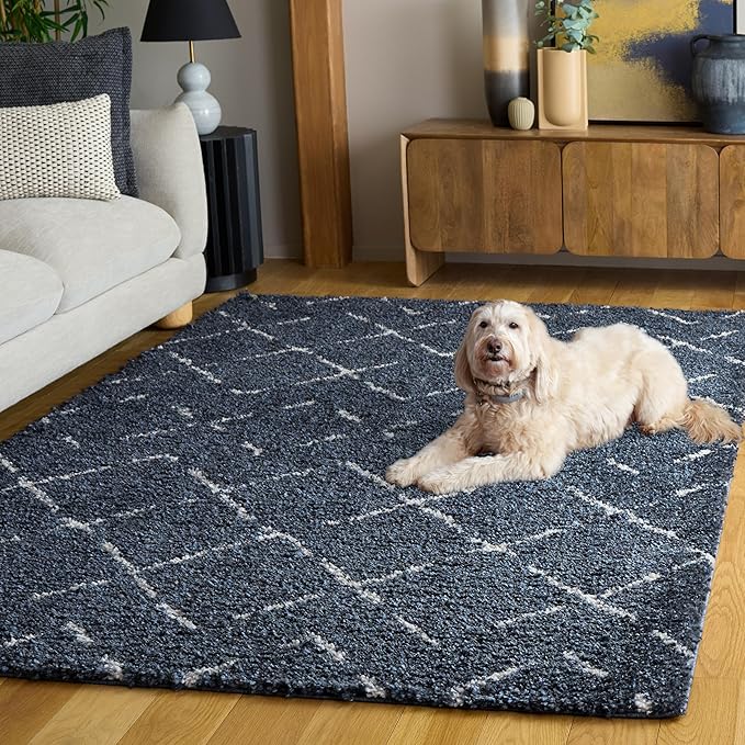 SAFAVIEH Arizona Shag Collection Area Rug - 6'7" x 9'2", Slate Blue & Ivory, Moroccan Boho Design, Non-Shedding & Easy to Clean, Ideal for Living Room, Bedroom, Dining Space (ASG743L)
