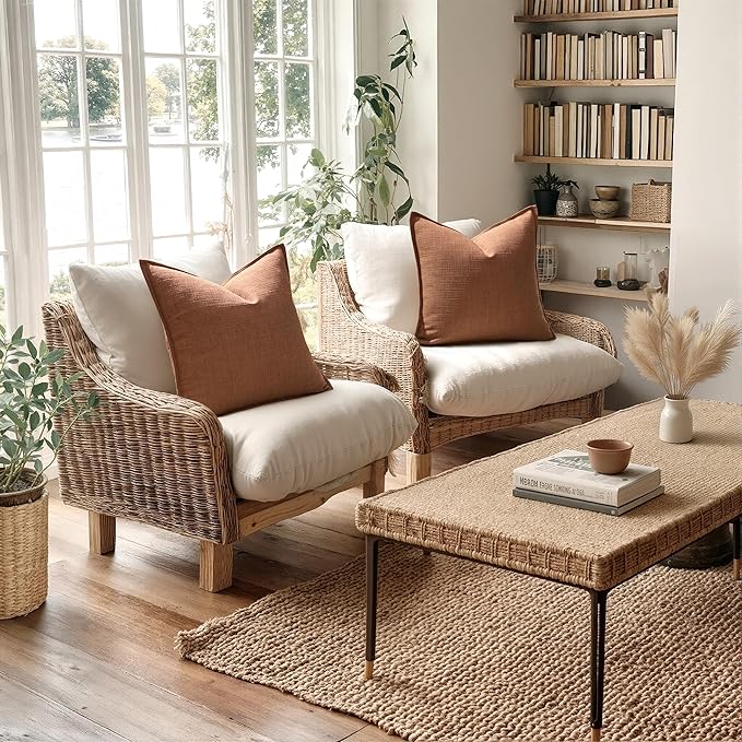 MIULEE 24x24 Decorative Euro Sham Pillow Covers, 2 Pack Large Boho Farmhouse Neutral Throw Pillows for Bed, Terracotta Thick Textured Modern Linen Cushion Cases Couch Sofa Living Room Home Decor, Rust