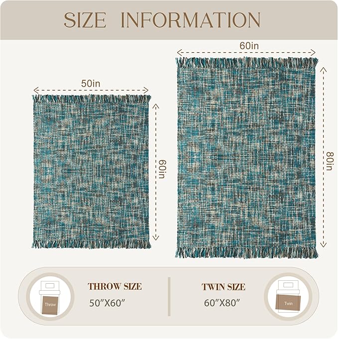 Multi-Color Teal Cable Knitted Throw Blanket for Couch,50"X60" Boho Style Textured Blankets for Home Decor,Super Soft Warm Cozy Chunky Knit Blanket with Decorative Tassels for Bed and Sofa