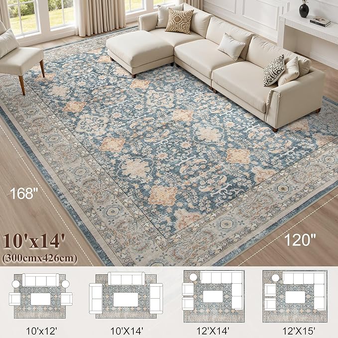 Vintage Living Room Area Rug 10x14 - Large Soft Washable Oriental Traditional Distressed Farmhouse Rugs for Bedroom - Indoor Floor Accent Carpet for Home Office House Decor - Dark Blue