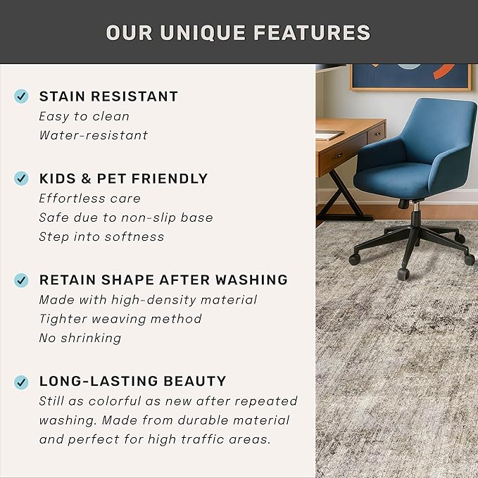 Farmhouse Brown Rugs for Living Room 8x10 - Taupe Rustic Minimalist Area Rug for Dining Room, Large Bedroom, Washable Foldable Dark Academy Décor
