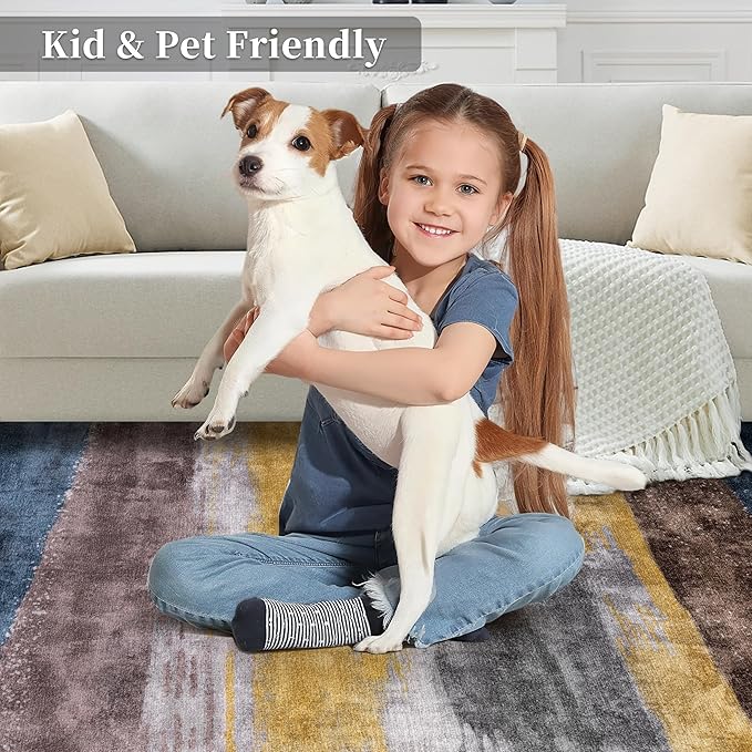 Ciicool 2'6"x10' Washable Runner Rug, Modern Abstract Hallway Rugs Runner, Non-Slip Thin Accent Rug Lightweight Yellow Grey Distressed Carpet Runners for Laundry Entryway Bedroom Kitchen Indoor
