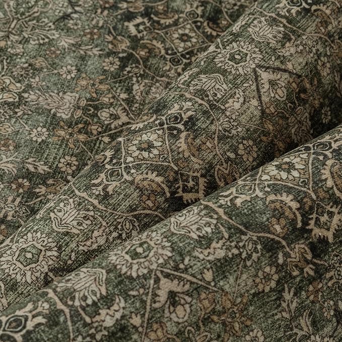 Hallway Runner Rug 2x8 Green Brown Vintage Washable Kitchen Carpet Traditonal Distressed Soft Non Slip Long Runner Retro Low Pile Thin Rug for Laundry Bedroom Entrance Bathroom