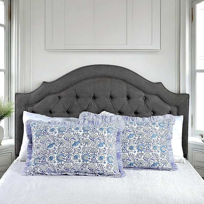 CPC Indigo Blue 100% Cotton Block Print Ruffle Sham Cover 20X30 inch Pack of 2, Handmade Boho Floral Pillowcase, Soft Decorative Queen Bed Pillow Cover for Bedroom Décor