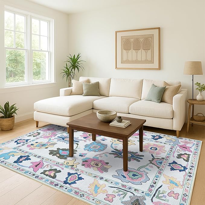 Fame Living Colorful Oushak Runner Rug, Modern Runners, Vintage, Turkish, Eclectic, Floral, Pastel, Washable, Runner for Hallway, Kitchen, Bedroom, Bathroom, 2'5"x9'8"
