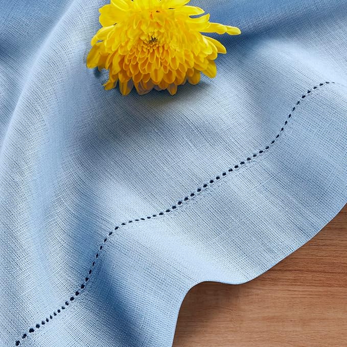 Solino Home Linen Cornflower Blue Table Runner 120 Inches Long - 100% Pure Linen Hemstitch 14 x 120 Inch Table Runner for Dining, Christmas, Holiday, New Year - Classic Hemstitch