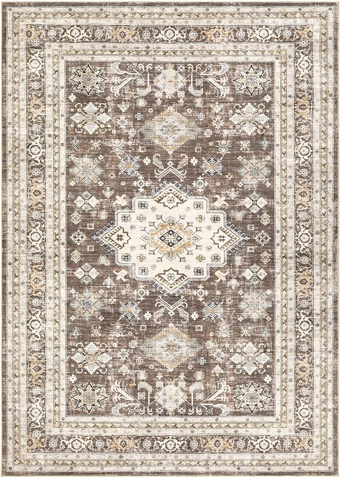 Vintage Living Room Area Rug 7x9 - Large Soft Washable Oriental Traditional Distressed Farmhouse Rugs for Bedroom - Indoor Floor Accent Carpet for Home Office House Decor - Dark Brown