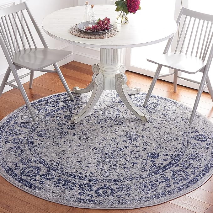 SAFAVIEH Adirondack Collection Area Rug - 8' Round, Grey & Navy, Distressed Vintage Floral Design, Non-Shedding & Easy to Clean, Ideal for Living Room, Bedroom, Dining Space (ADR109P)