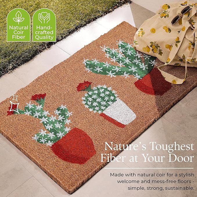 Coir Door Mats 17" X 30", Non-Slip Sturdy, PVC Backed Heavy Duty, Easy to Clean, Ideal for Door Entrance, Patio, Porch, Backyard, Garages, Sparkling Cactus