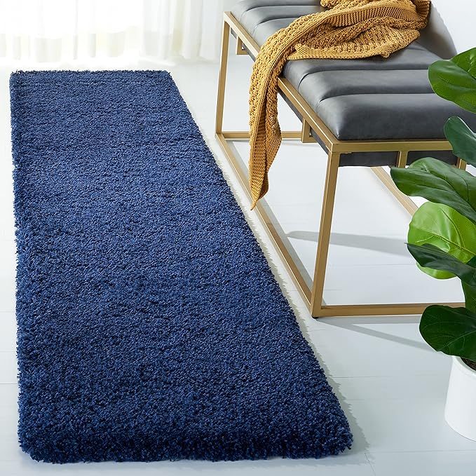 SAFAVIEH Milan Shag Collection Runner Rug - 2' x 22', Navy, Solid Design, Non-Shedding & Easy Care, 2-inch Thick Ideal for High Traffic Areas in Living Room, Bedroom (SG180-7070)