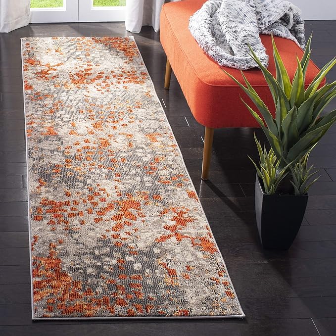 SAFAVIEH Monaco Collection Runner Rug - 2'2" x 12', Grey & Orange, Boho Chic Abstract Watercolor Design, Non-Shedding & Easy Care, Ideal for High Traffic Areas in Living Room, Bedroom (MNC225H)