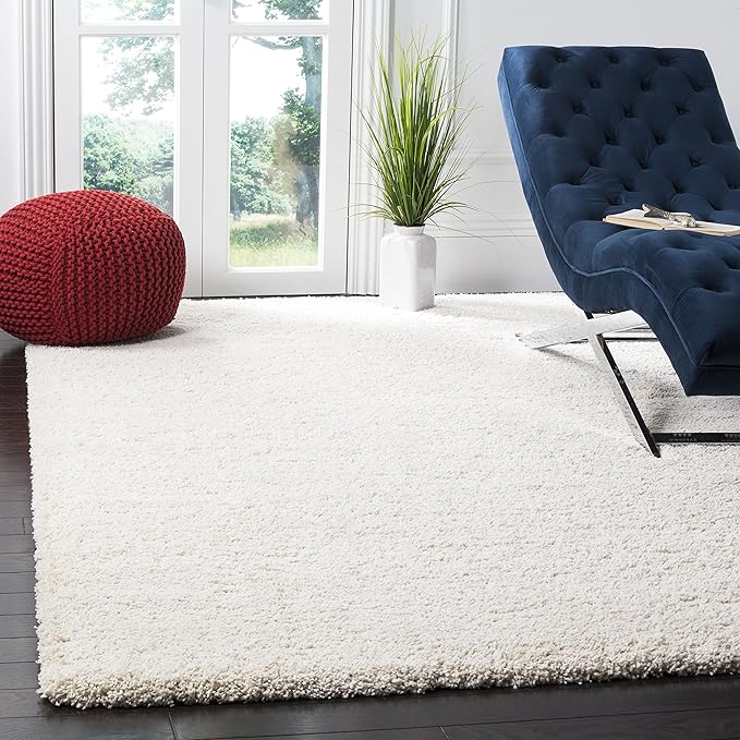 SAFAVIEH Milan Shag Collection Area Rug - 8' Square, Ivory, Solid Design, Non-Shedding & Easy Care, 2-inch Thick Ideal for High Traffic Areas in Living Room, Bedroom (SG180-1212)
