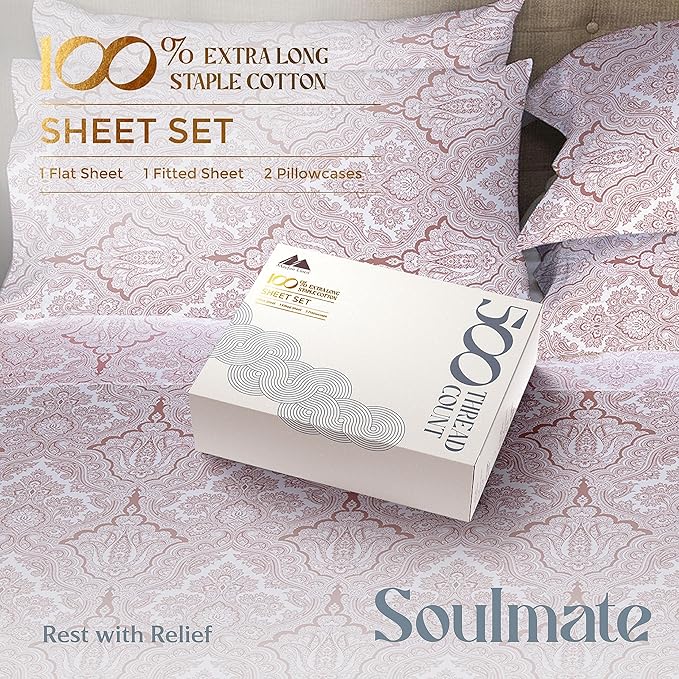 Mayfair Linen 100% Cotton Printed Bed Sheets King Size Set - 500 Thread Count Cotton Sheets for King Size Bed, 4 PC Set (Paisley Print), Soft, Cooling, Sateen Hotel Quality 16" Deep Pocket Bedsheet