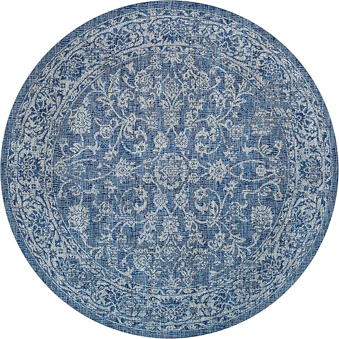 JONATHAN Y Weave Floral Indoor Outdoor Round Area Rug 3 Ft Navy/Gray, Tela Bohemian Textured for Backyard, Patio, Porch, Easy-Cleaning, High Traffic, Pet-Friendly, Non-Shedding (SMB100B-3R)