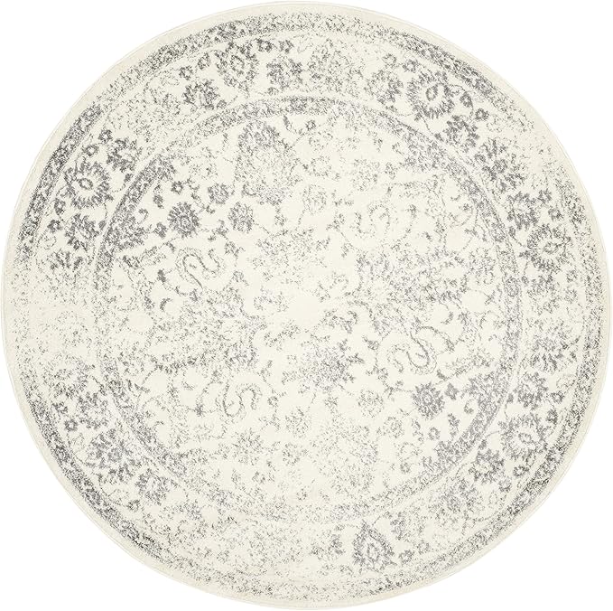 SAFAVIEH Adirondack Collection Area Rug - 4' Round, Ivory & Silver, Distressed Vintage Floral Design, Non-Shedding & Easy to Clean, Ideal for Living Room, Bedroom, Dining Space (ADR109C)