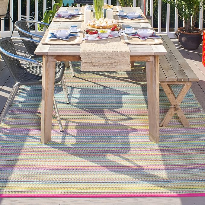 Fab Habitat Striped Outdoor Rug - Waterproof, Fade Resistant, Crease-Free, Reversible - Premium Recycled Plastic - Patio Porch Balcony Deck - Cancun Candy - 8x10 ft