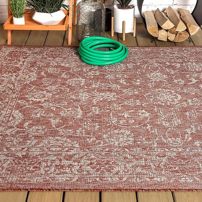 JONATHAN Y Weave Floral Indoor Outdoor Area Rug 4X6 Red/Taupe, Tela Bohemian Textured for Backyard, Patio, Porch, Easy-Cleaning, High Traffic, Pet-Friendly, Non-Shedding (SMB100A-4)
