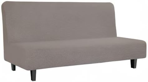Easy-Going Stretch Futon Slipcover Armless Futon Bed Cover Furniture Protector Without Armrests with Elastic Bottom for Kids, Soft Jacquard Fabric Small Checks (Large, Taupe)
