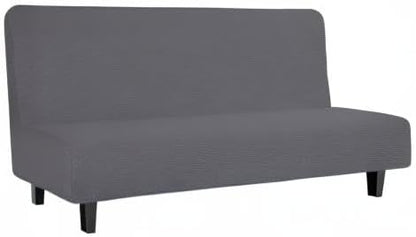 Easy-Going Stretch Futon Slipcover Armless Futon Bed Cover Furniture Protector Without Armrests with Elastic Bottom for Kids, Soft Jacquard Fabric Small Checks (Large, Grey)