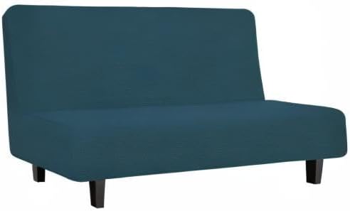 Easy-Going Stretch Futon Slipcover Armless Futon Bed Cover Furniture Protector Without Armrests with Elastic Bottom for Kids, Soft Jacquard Fabric Small Checks (Medium, Deep Teal)
