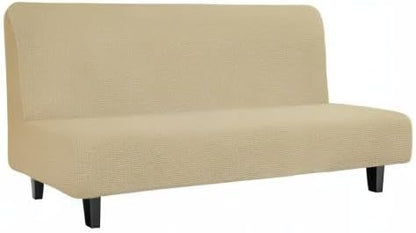 Easy-Going Stretch Futon Slipcover Armless Futon Bed Cover Furniture Protector Without Armrests with Elastic Bottom for Kids, Soft Jacquard Fabric Small Checks (Large, Beige)