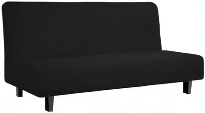 Easy-Going Stretch Futon Slipcover Armless Futon Bed Cover Furniture Protector Without Armrests with Elastic Bottom for Kids, Soft Jacquard Fabric Small Checks (Large, Black)