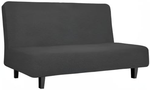 Easy-Going Stretch Futon Slipcover Armless Futon Bed Cover Furniture Protector Without Armrests with Elastic Bottom for Kids, Soft Jacquard Fabric Small Checks (Medium, Dark Gray)
