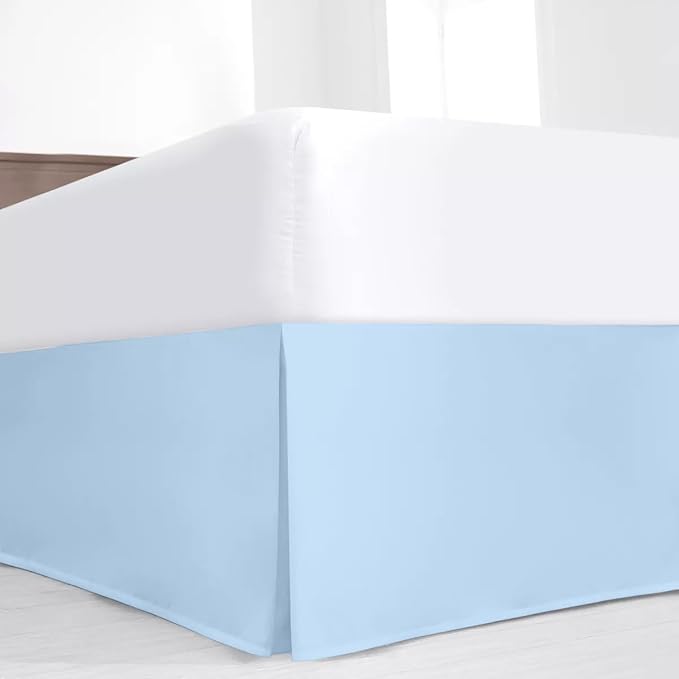 SKY BEDDINGS Luxury Pleated Queen Bed Skirt with Split Corners - 14 Inch Tailored Drop - Pleated Dust Ruffle - Wrinkle-Free 100% Microfiber - Easy Fit, Soft & Durable - Light Blue