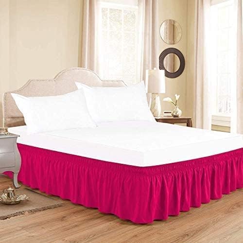 Hot Pink Wrap Around Bed Skirts with 16" Drop - Three Sides Fabric Adjustable Elastic Dust Ruffle Silky Soft -600 TC Stretchy Bed Skirt-Full(54"X 75") Hot Pink