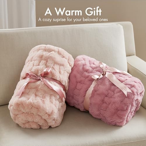 Madison Park Ruched Luxury Throw Premium Soft Cozy Brushed Long Faux Fur For Bed, Couch or Sofa, 50"x60", Blush