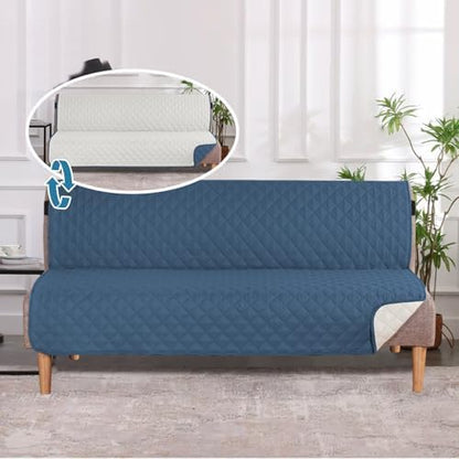 H.VERSAILTEX Reversible Futon Cover Water Repellent Armless Sofa Slipcover Washable Furniture Protector with Adjustable Elastic Strap Anti-Slip Futon Bed Cover for Dogs 70" Width Seat(Dark Blue/Beige)