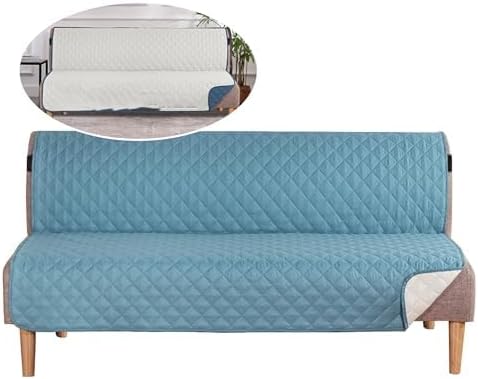 H.VERSAILTEX Reversible Futon Cover Water Repellent Armless Sofa Slipcover Washable Furniture Protector with Adjustable Elastic Strap Anti-Slip Futon Bed Cover for Dogs 70" Width Seat(Blue/Beige)