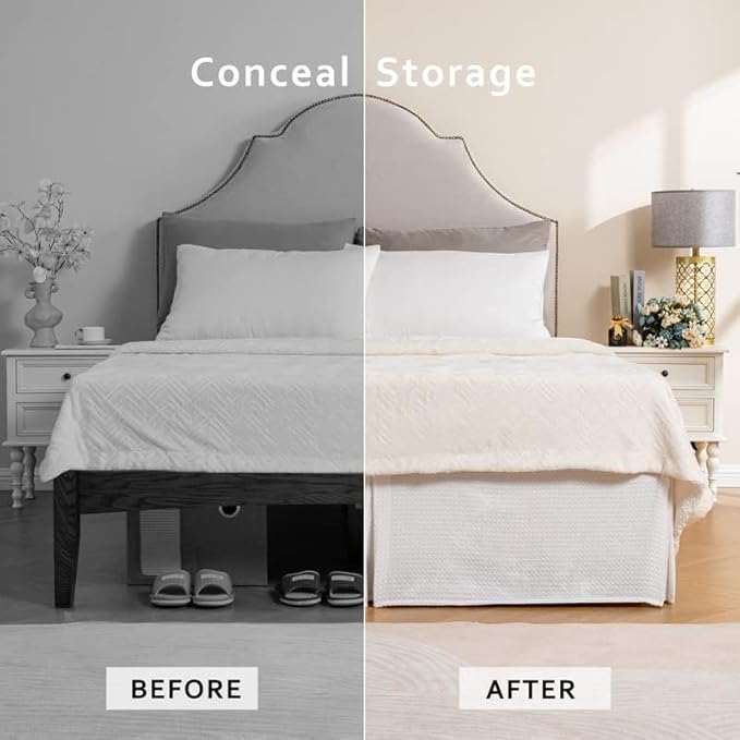 MIYE Pleated Waffle Weave Bed Skirt, Tailored Dust Ruffle 18 Inch Drop Easy Fit, Machine Washable (White, Full - 18" Drop)