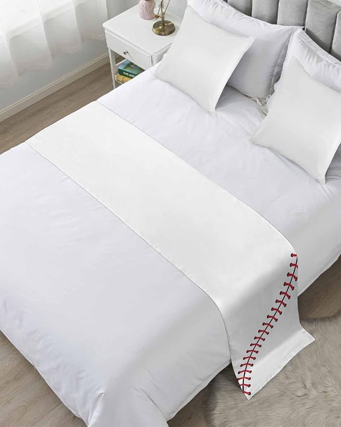 Baseball Sports Texture Bed Runners for Bedroom Hotel,Decorative Bedding Scarf White Red Lines Bed End Blanket Bedding Runner Scarves for Full Size Bed,83x20in
