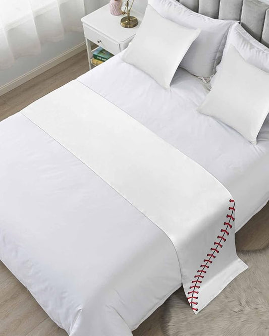 Baseball Sports Texture Bed Runners for Bedroom Hotel,Decorative Bedding Scarf White Red Lines Bed End Blanket Bedding Runner Scarves for Full Size Bed,83x20in