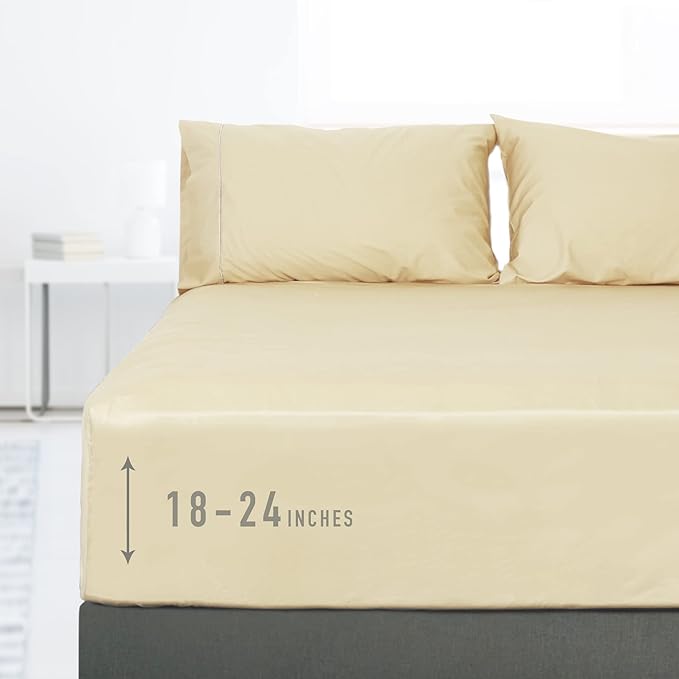 Sunflower California King Fitted Sheet, 1-Piece Extra Deep Pocket Fitted Bottom Sheet 22", 100% Cotton Sateen Soft Breathable, Butter Cream