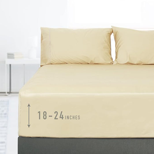 Sunflower Queen Fitted Sheet, 1-Piece Extra Deep Pocket Fitted Bottom Sheet 22", 100% Cotton Sateen Soft Breathable, Butter Cream