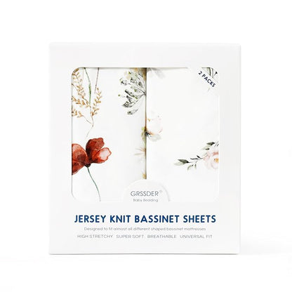 GRSSDER Ultra Soft Bassinet Sheets 2 Pack, Stretchy Breathable Knit Bassinet Mattress Sheets for Baby, Universal Fitted Baby Cradle Moses Basket Oval Rectangle Pads Safe and Snug, Stylish Flora