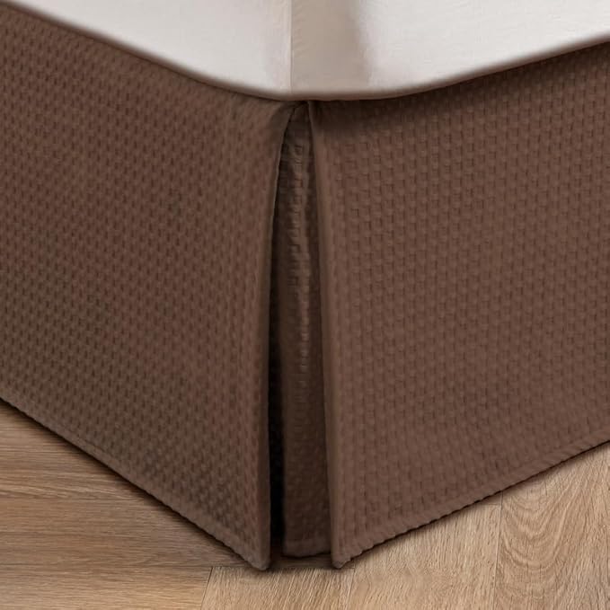MIYE Pleated Waffle Weave Bed Skirt, Tailored Dust Ruffle 12 Inch Drop Easy Fit, Machine Washable (Brown, King - 12" Drop)