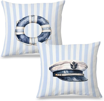 Blue Coastal Nautical Pillow Covers 18x18 Set of 2, Watercolor Lifebuoy Captain Hat Preppy Blue Striped Throw Pillow Covers for Boys Bedroom Beach House Home, Preppy Beach Room Decor